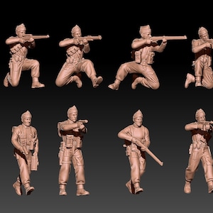 May include: Eight miniature plastic figures of soldiers wearing winter hats and carrying rifles. The figures are posed in various action stances, including aiming, running, and crouching.