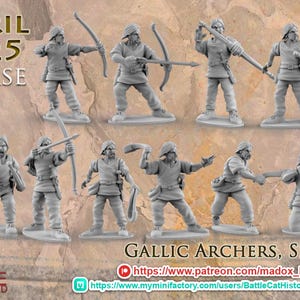 May include: A collection of gray miniature figures depicting Gallic archers and slingers. The figures are in various action poses, holding bows, arrows, and slings. The image includes text that reads "APRIL 2025 RELEASE" and "GALLIC ARCHERS, SLINGERS."
