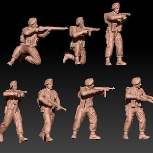May include: Seven plastic toy soldiers in various poses, wearing berets and holding rifles. The soldiers are painted in a light brown color.