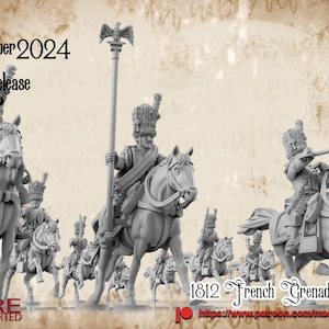 May include: A set of 10 unpainted, pre-supported plastic miniatures depicting French Grenadiers a Cheval from 1812. The miniatures are mounted on horses and are posed in various battle stances. The text "1812 French Grenadiers a Cheval" is printed on the base of the miniatures.