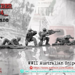 Puede incluir: Cinco figuras en miniatura de plástico gris de soldados australianos con uniformes de la Segunda Guerra Mundial, sosteniendo rifles y posando en posiciones de combate. Las figuras están sobre una superficie blanca con un fondo borroso de billetes de dólar. El texto "DECEMBER 2024 Release" está en la parte superior de la imagen. El texto "WWII Australian Sniper Teams" está en la parte inferior de la imagen.