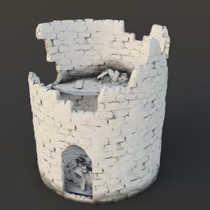 May include: A white, cylindrical castle tower with a weathered, aged appearance. The tower's top is partially destroyed, revealing an interior with wooden beams. A small arched doorway is visible at the base.
