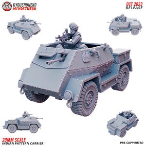 Può includere: Un kit di modellismo in plastica grigia in scala 28 mm di un autoblindo Indian Pattern Carrier. Il modello presenta un interno dettagliato, una mitragliatrice e un membro dell'equipaggio. Il modello è pre-supportato e pronto per essere stampato.  OCT 2023 RELEASE.  KYOUSHUNENKO MINIATURES.