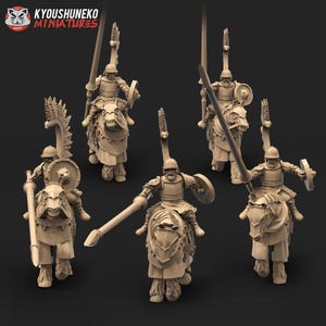 May include: Five miniature figures of armoured knights on horseback, each holding a spear and shield. The knights are posed in various stances, some charging forward and others holding their spears high. The figures are made of a light brown plastic and are detailed with intricate armour and weapons.