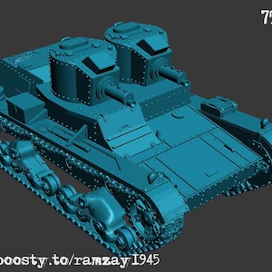 Puede incluir: Un modelo 3D azul turquesa de un tanque con dos torretas. El tanque tiene un sistema de orugas y está etiquetado como "7TP dw."