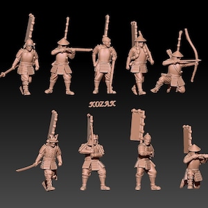 May include: A set of nine miniature plastic figures of Japanese samurai warriors, each holding a weapon or flag. The figures are painted in shades of brown and beige.