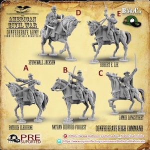 Op de afbeelding: Een verzameling van 28 mm 3D-printbare miniaturen van Confederatielegerfiguren te paard. De figuren omvatten Stonewall Jackson, Robert E. Lee, Patrick Cleburne, Nathan Bedford Forrest en James Longstreet. De miniaturen zijn vooraf ondersteund.