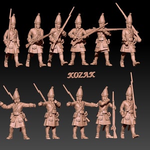 Puede incluir: Un conjunto de 10 figuras de plástico en miniatura de soldados con uniformes militares del siglo XVIII. Las figuras están pintadas en tonos marrones y blancos, y sostienen mosquetes y espadas. Las figuras están en varias posturas, y todas llevan sombreros con plumas. Las figuras están de pie sobre una superficie marrón. La palabra "KOZAK" está impresa en letras blancas sobre un fondo negro.