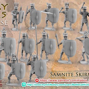 May include: A collection of gray miniature Samnite Skirmishers figures, each holding a shield and weapon. The image includes text that reads "MAY 2025 RELEASE" and "SAMNITE SKIRMISHERS". A green and black logo is in the upper right corner.