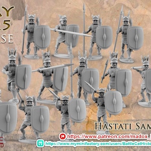 May include: A collection of gray miniature figures of Hastati Samnitica soldiers, each holding a spear and shield. The figures are posed in various action stances. Text on the image reads "MAY 2025 RELEASE" and "PRE SUPPORTED".