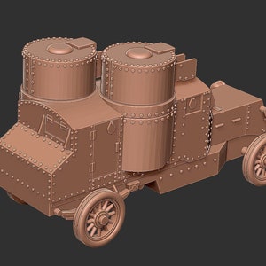 K&ouml;nnte beinhalten: Ein braunes Modell eines gepanzerten Autos mit zwei T&uuml;rmen auf dem Dach. Das Auto hat vier R&auml;der und ist aus Metall. Das Modell ist mit Nieten und anderen Merkmalen detailliert.