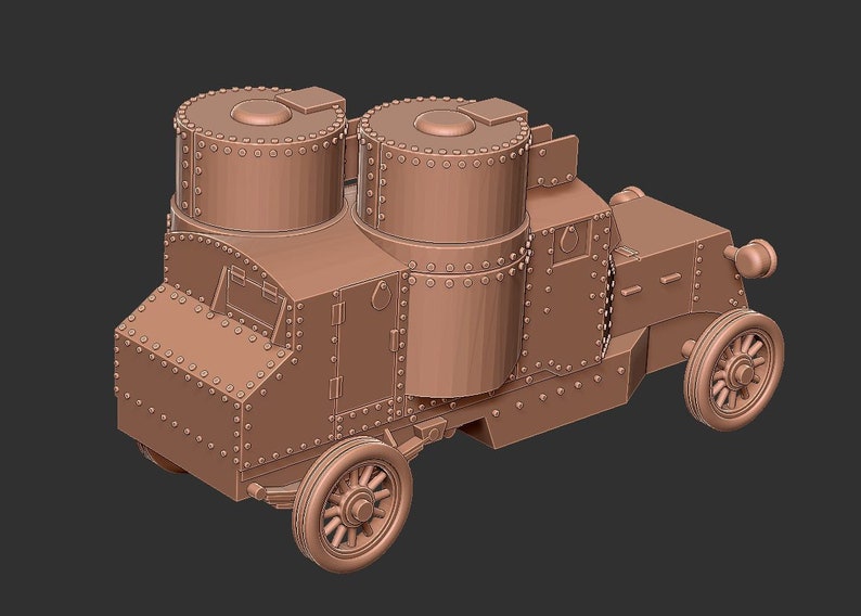 K&ouml;nnte beinhalten: Ein braunes Modell eines gepanzerten Autos mit zwei T&uuml;rmen auf dem Dach. Das Auto hat vier R&auml;der und ist aus Metall. Das Modell ist mit Nieten und anderen Merkmalen detailliert.