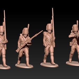 May include: Five miniature plastic figures of soldiers in various poses, wearing red and white uniforms with black hats and holding muskets. The figures are standing on small brown bases.