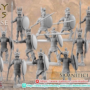 May include: A collection of gray miniature Samnitici Milites figures, each holding a spear and shield. The figures are posed in various action stances. The text "MAY 2025 RELEASE" is displayed at the top, with "PRE SUPPORTED" at the bottom.