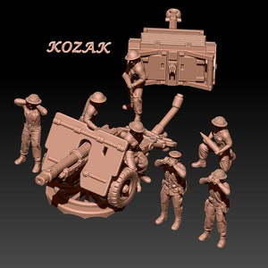Puede incluir: Un kit de maqueta de plástico detallado de un cañón de artillería de la Segunda Guerra Mundial con seis figuras de soldados. El cañón está pintado de color marrón y las figuras están pintadas en una variedad de colores. El kit está etiquetado como "KOZAK".
