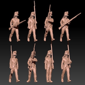 Könnte beinhalten: Acht Miniaturfiguren aus Plastik von Soldaten in Uniform, die Gewehre halten und in verschiedenen Posen stehen. Die Figuren sind in hellbraun bemalt.