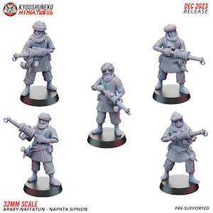 May include: Five 32mm scale unpainted plastic miniatures of figures wearing turbans and holding rifles. The figures are posed in various stances and are ready to be assembled and painted. The miniatures are part of the Araby Naffatun - Naphta Siphon collection.  DEC 2023 RELEASE and PRE-SUPPORTED are printed on the image.