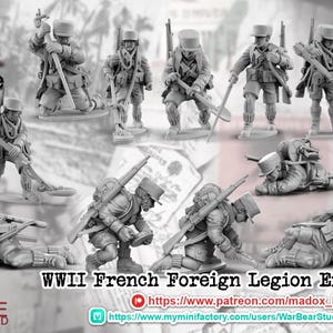 以下が含まれることがあります： 第二次世界大戦のフランス外人部隊工兵のミニチュアフィギュアのコレクション。フィギュアは様々なポーズをとっており、ひざまずいているもの、立っているもの、うつ伏せになっているものがあります。「JULY 2025 Release」の文字が上部にあります。