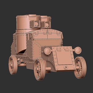 K&ouml;nnte beinhalten: Ein detailliertes 3D-Modell eines alten gepanzerten Fahrzeugs, gerendert in einer hellbraunen Farbe. Das Fahrzeug hat einen gro&szlig;en, kastenf&ouml;rmigen K&ouml;rper mit einem Gesch&uuml;tzturm oben und ist mit Nieten bedeckt. Das Fahrzeug hat vier R&auml;der und einen K&uuml;hlergrill vorne.