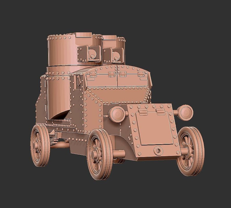 K&ouml;nnte beinhalten: Ein detailliertes 3D-Modell eines alten gepanzerten Fahrzeugs, gerendert in einer hellbraunen Farbe. Das Fahrzeug hat einen gro&szlig;en, kastenf&ouml;rmigen K&ouml;rper mit einem Gesch&uuml;tzturm oben und ist mit Nieten bedeckt. Das Fahrzeug hat vier R&auml;der und einen K&uuml;hlergrill vorne.