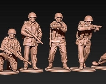 Puede incluir: Diez figuras de plástico en miniatura de soldados con uniformes militares y sosteniendo rifles. Las figuras están pintadas de color marrón claro y están en varias posturas de acción.