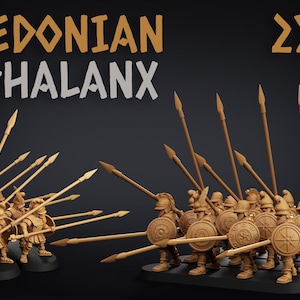 Könnte beinhalten: Eine Gruppe von 28 mm großen Plastik-Miniaturfiguren, die eine makedonische Phalanx darstellen, eine Formation schwer bewaffneter Infanterie mit Speeren und Schilden. Die Figuren sind unbemalt und montagefertig.