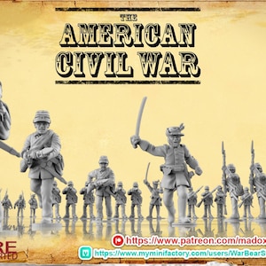 May include: A set of 20 gray plastic miniature figures depicting American Civil War infantry soldiers. The figures are posed in various marching and firing positions. The image includes the text "The American Civil War" and "Infantry".