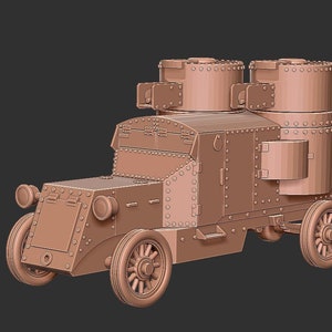 K&ouml;nnte beinhalten: Ein detailliertes Modell eines alten gepanzerten Fahrzeugs mit brauner Oberfl&auml;che. Das Fahrzeug hat zwei Maschinengewehr-T&uuml;rme oben und ist aus Metall.