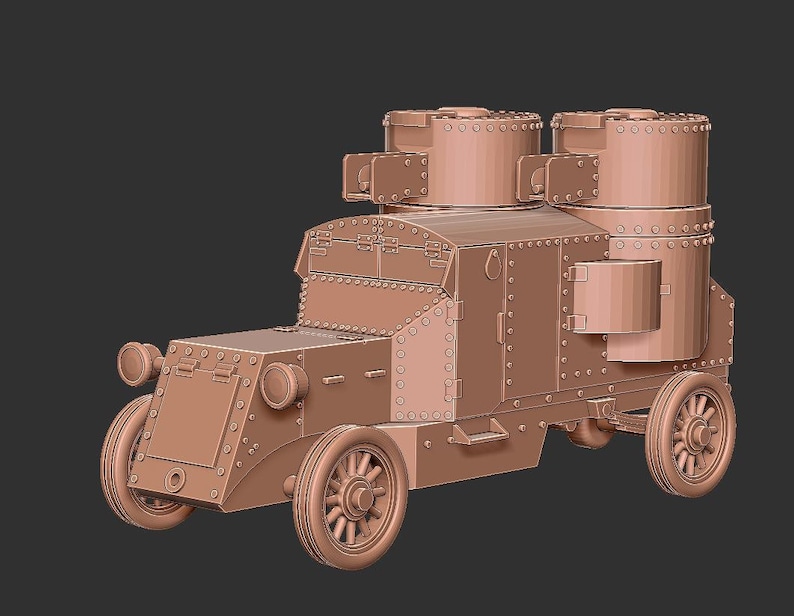 K&ouml;nnte beinhalten: Ein detailliertes Modell eines alten gepanzerten Fahrzeugs mit brauner Oberfl&auml;che. Das Fahrzeug hat zwei Maschinengewehr-T&uuml;rme oben und ist aus Metall.