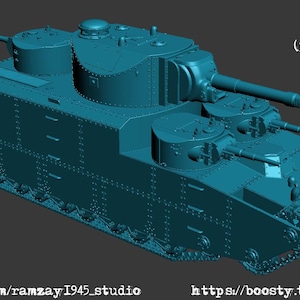 Op de afbeelding: Een teal-kleurig model van een T-39 tank, met meerdere torentjes en een lang kanon. De tank heeft een gedetailleerd ontwerp met zichtbare klinknagels en rupsbanden. Tekst op de afbeelding luidt "T-39 (project №7)".