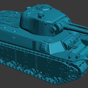 May include: A teal blue model of a tank with a large cannon and tracks. The tank has a rounded turret with a hatch on top.
