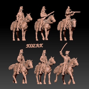 May include: Six miniature figurines of mounted soldiers, each wearing a tall hat and holding a weapon. The figures are made of a light brown material and are posed in various riding positions. The word "KOZAK" is printed in the center of the image.