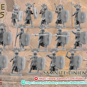 May include: A collection of gray miniature Samnite Linien Legion figures, each holding a shield and weapon. The image includes text that reads "JUNE 2025 RELEASE" and "SAMNITE LINIEN LEGION".