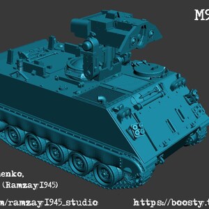 May include: A teal M901 ITV model, a military vehicle with a detailed design. The model features a turret, tracks, and various components. The text "M901 ITV" is visible. Source: Gleb Voronenko, Andrew Evseev (Ramzay1945).