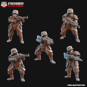May include: Five 3D printed miniature figures of soldiers wearing gas masks and holding rifles. The figures are posed in various action stances. The miniatures are pre-supported and ready to be printed.