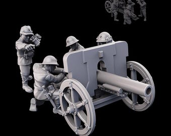 May include: A gray plastic model kit of a 74mm artillery gun with four crew members. The gun is on wheels and has a long barrel. The kit is 1/64 scale and is pre-supported. The text "IJA Type 94 74mm Artillery" is printed on the base.