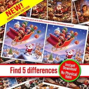Christmas Find the Differences Game – Set of 10 Printable Puzzles | Spot the Difference | Kids & Family Holiday Activity | Instant Download