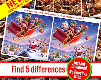 Christmas Find the Differences Game – Set of 10 Printable Puzzles | Spot the Difference | Kids & Family Holiday Activity | Instant Download