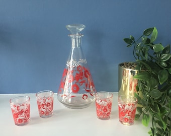 Vintage Floral Glass Decanter Set: 1970s Barware with 4 Shot Glasses