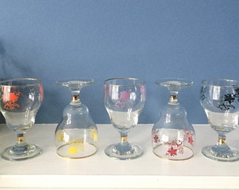 Set of 6 small vintage harlequin wine drinking glasses