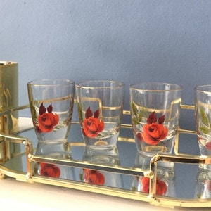 Vintage mid century shot drinking glasses with flowers red roses