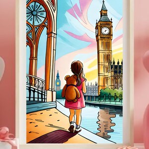 Nursery Printable Wall Art | Little Girl with Bear | Travel Decor Childrens Room | Aquarel Children Print | Childrens Illustration Colorful