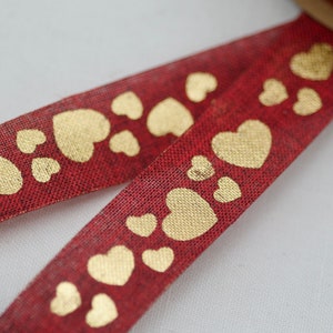 Rood Jute Lint met Gouden Harten, 25mm x 10yards, Hessisch Lint, Bloemistenlint, Ambachtelijk Lint, Decoratief Cadeaupapier Lint, afbeelding 1