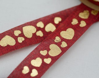 Red Jute Ribbon with Golden Hearts, 25mm x 10yards, Hessian Ribbon, Florist Ribbon, Craft Ribbon, Decorative Gift Wrapping Ribbon,
