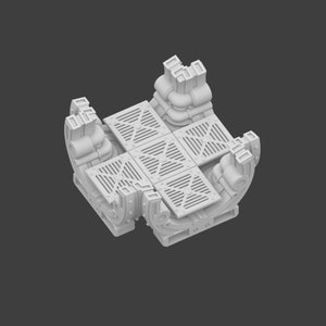 Puede incluir: Un modelo blanco impreso en 3D de una plataforma futurista, modular, de enclavamiento, de forma cuadrada con cuatro lados. Cada lado tiene un diseño curvo en forma de tubo con una rejilla en la parte superior. La plataforma está diseñada para ser utilizada como un bloque de construcción para una estructura más grande.