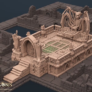 Peut inclure: Un ensemble de donjon miniature détaillé avec une structure en pierre comprenant une figure squelettique sur un trône, une porte et un sol en pierre avec un motif de grille verte. L'ensemble est fait d'un matériau brun clair et est conçu pour les jeux de table.