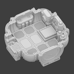 Peut inclure: Modèle imprimé en 3D blanc et détaillé d'un intérieur de vaisseau spatial futuriste de science-fiction. Le modèle présente un sol quadrillé, une plate-forme surélevée et divers tuyaux et évents.