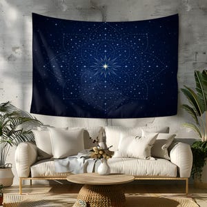 Mystische Sterne Mandala Wanddeko mit kosmischem Nachthimmel Design – Blaue, himmlische Wandkunst für spirituelle Meditation oder Boho Dekoration