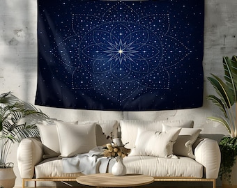 Mystical Star Mandala Wall Tapestry with Cosmic Night Sky Design – Deep Blue Celestial Wall Art for Spiritual Meditation or Boho Décor