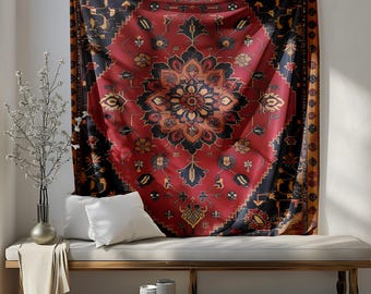 Vintage Ottoman Rug Tapestry, Distressed Floral Geometric Design, Deep Red Navy Gold Decor, Antique Aged Effect Wall Art, Turkish Rug